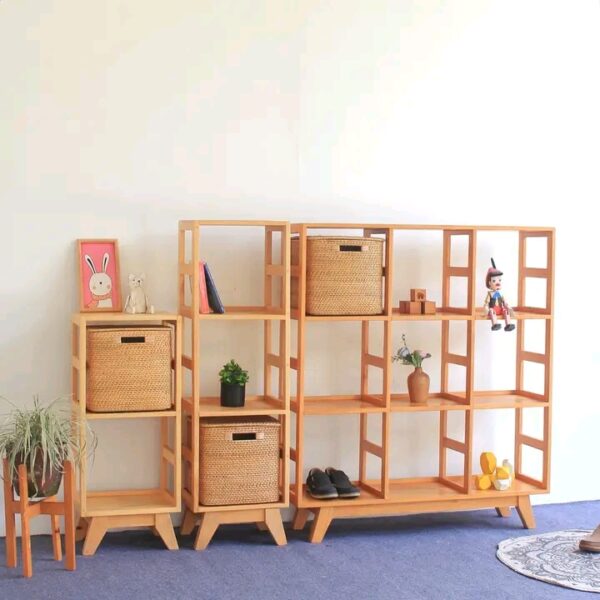 Multipurpose Wooden Shelf with Rattan Baskets - Handy Craft